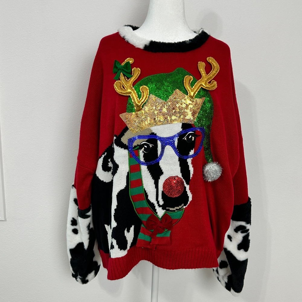 332 degrees Christmas Sweater Womens 3XL Red Cow Reindeer Sequin Faux Fur